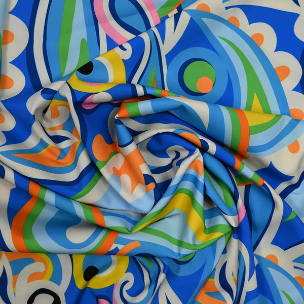 Satin de polyester élasthanne imprimé goutte de pluie bleu et orange