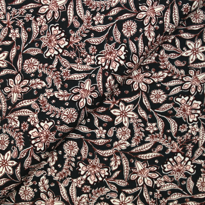 Twill de viscose imprimé floral baroque marron fond noir