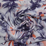 Crêpe de polyester élasthanne imprimé fleurs violacé fond blanc