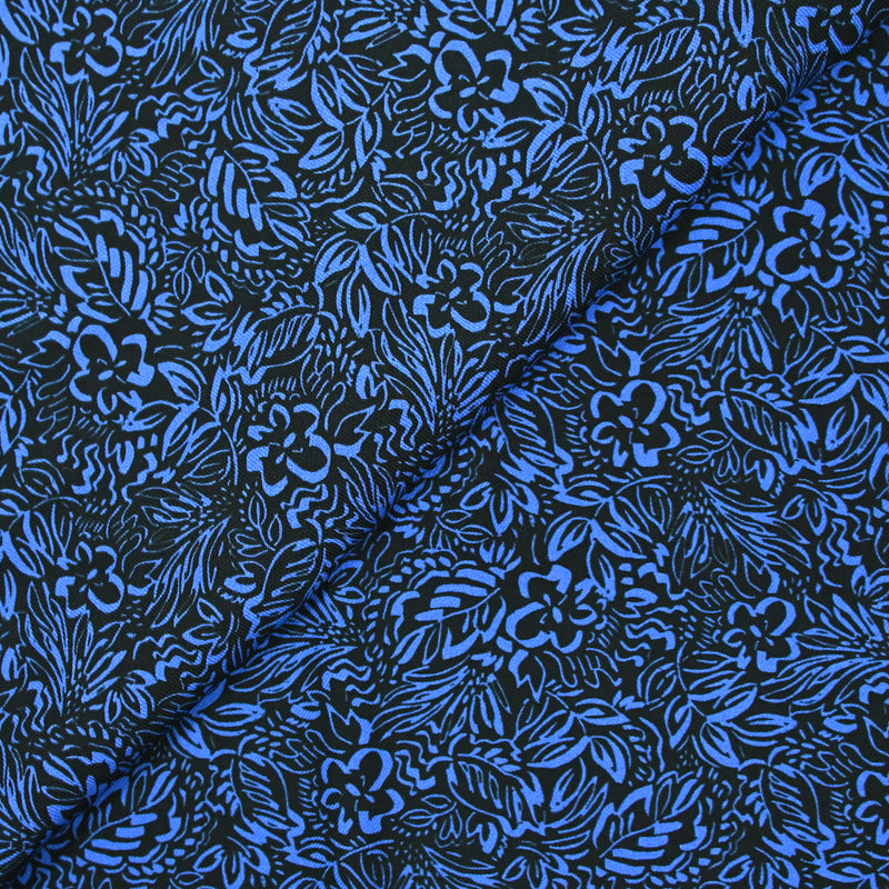 Twill de viscose imprimé feuillage bleu fond noir