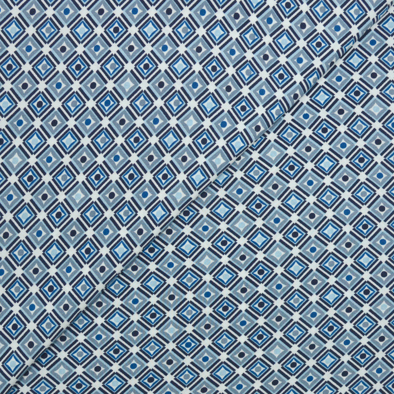 Viscose imprimée carré dans losange gris et bleu fond blanc