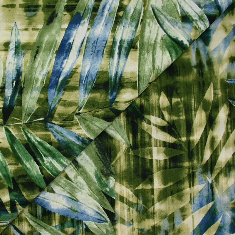 Polyester imprimé fougères fond vert et bleu