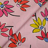 Coton satiné imprimé fleurs naïves orange fond rose