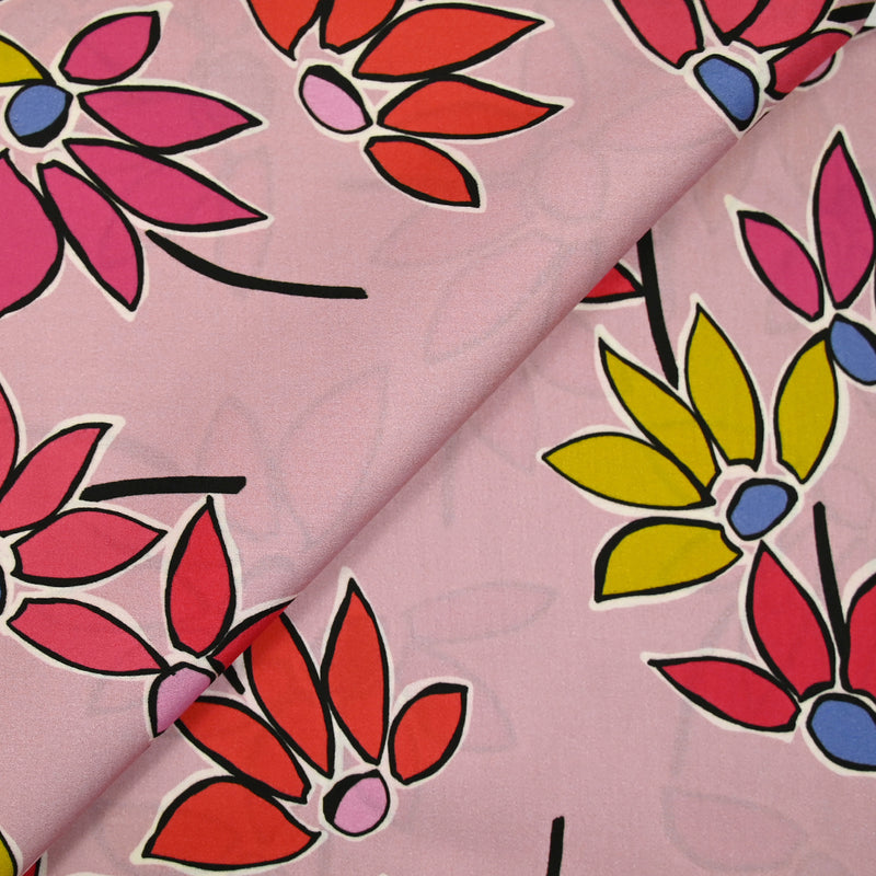 Coton satiné imprimé fleurs naïves orange fond rose