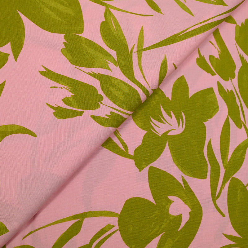 Coton satiné imprimé plantation rose et vert