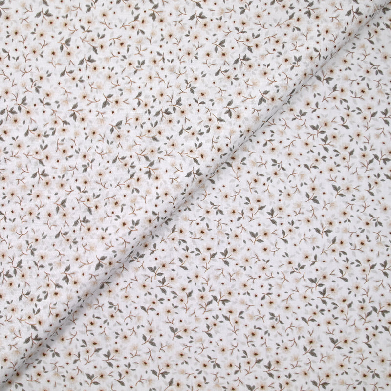 Coton imprimé champêtre beige fond blanc