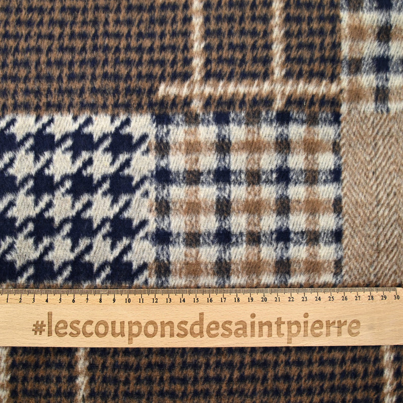 Laine mélangée patchwork pied-de-poule et carreaux camel et marine