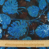 Tulle sequin fleurs et monstera bleu et marron