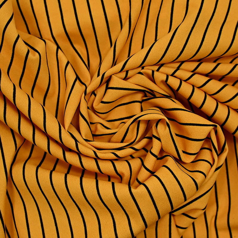 Textured polyester jersey thin black stripes mustard background