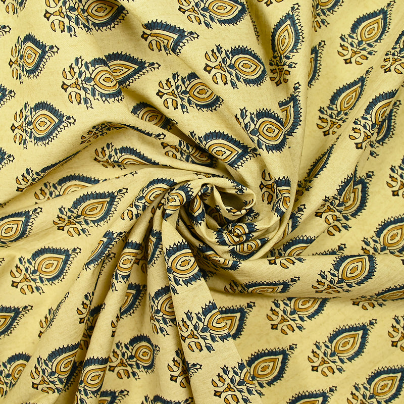 Coton indien imprimé Chennai bleu et ocre fond beige