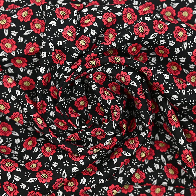 Viscose imprimée fleurs rouge fond noir