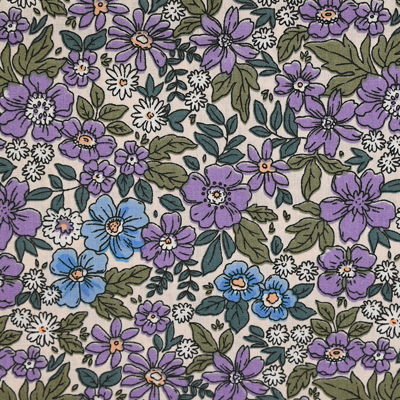 Popeline de coton imprimée printemps des fleurs violet et bleu
