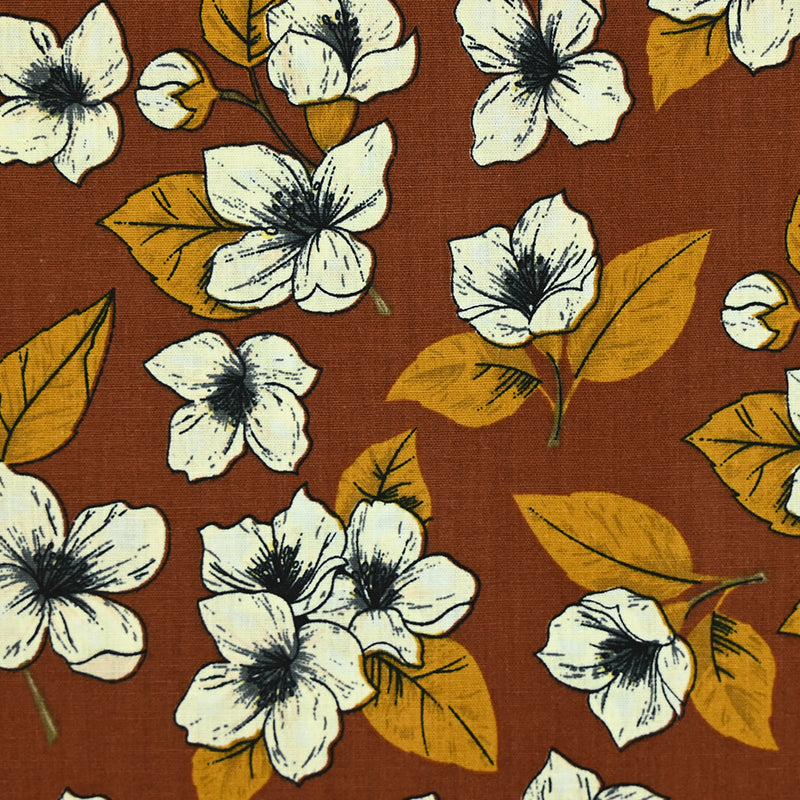 Popeline de coton imprimée pluie de fleurs fond marron
