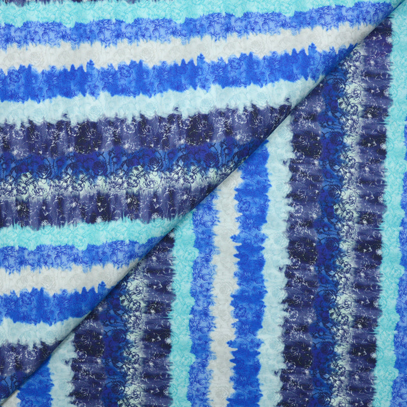 Satin de coton élasthanne imprimé rayures florales bleu