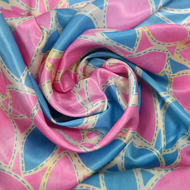 Crêpe satin lourd polyester imprimé laurier rose et bleu clair