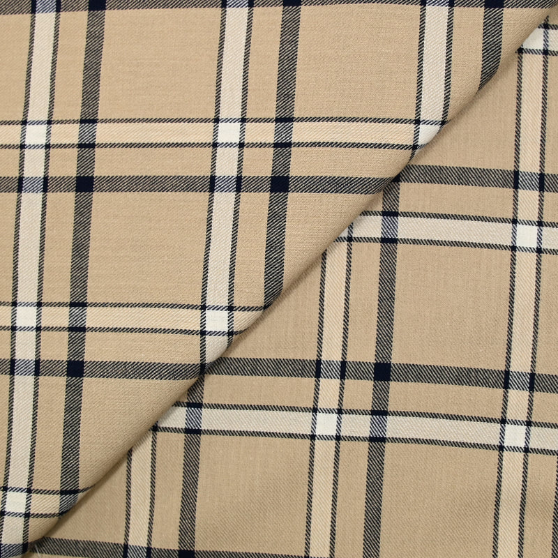 Twill de viscose tissé teint carreaux marine fond beige