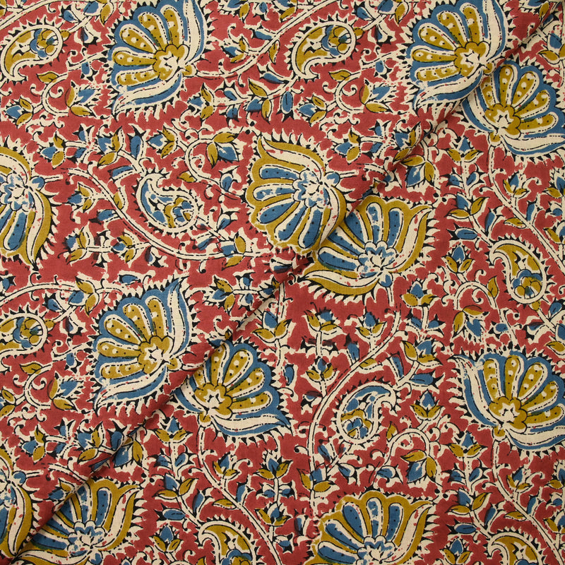 Coton indien imprimé Uma bleu barbeau et jaune fond tomette