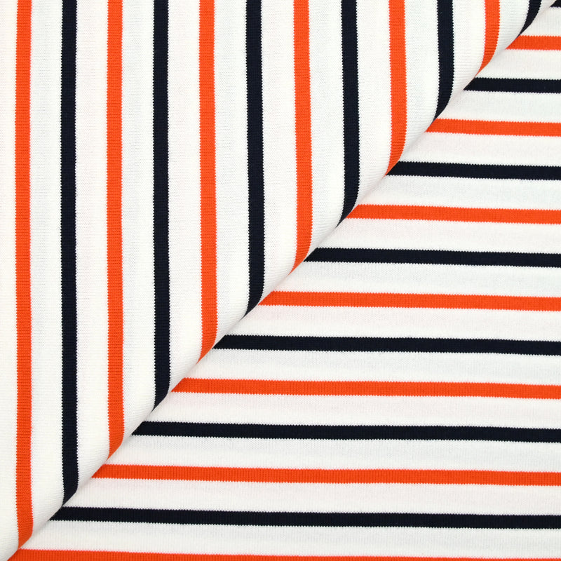 Jersey de coton rayé marine et orange fond blanc