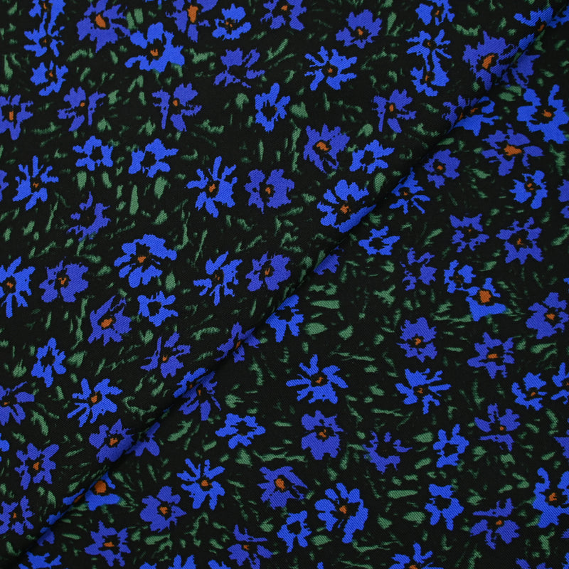 Twill de viscose imprimé champêtre bleu et vert sur fond noir