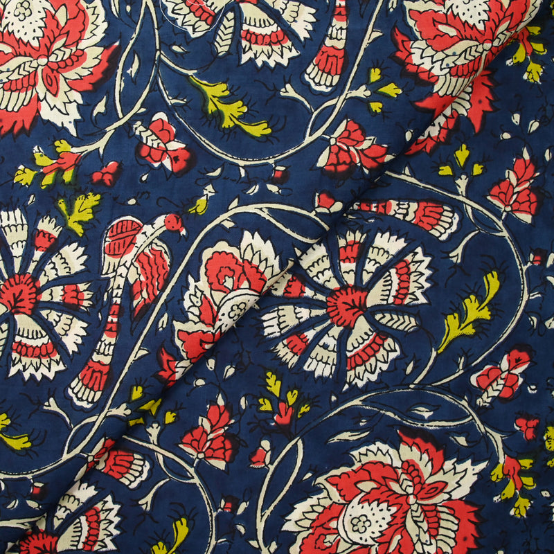 Coton indien imprimé Bengaluru rouge et écru fond bleu marine