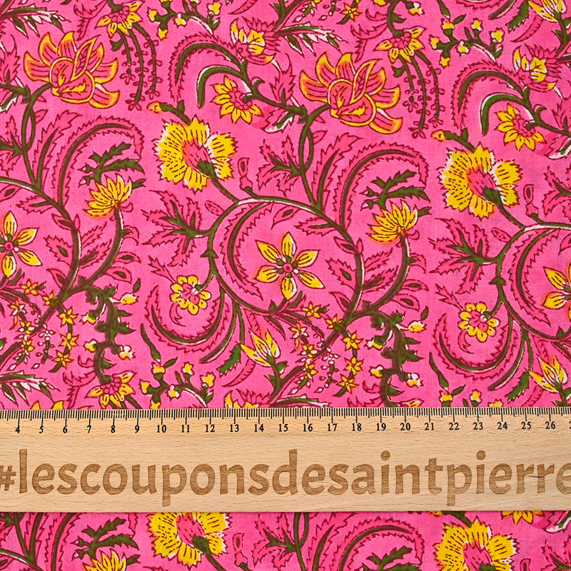 Indian cotton printed kali green and yellow pink background