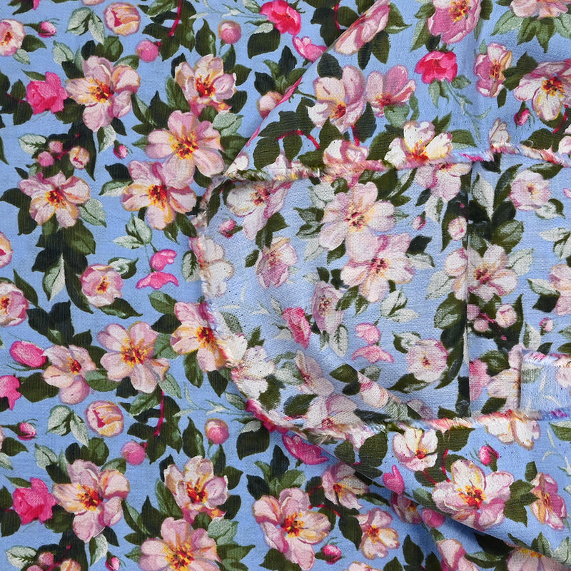 Crêpe polyviscose imprimée les fleurs du pont fond bleu