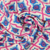 Viscose imprimée Armoirie bleu et fuchsia fond écru