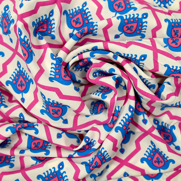 Viscose imprimée Armoirie bleu et fuchsia fond écru