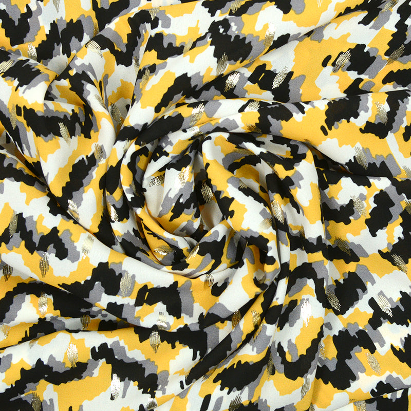 Crêpe georgette lurex imprimé camouflage jaune, gris, noir