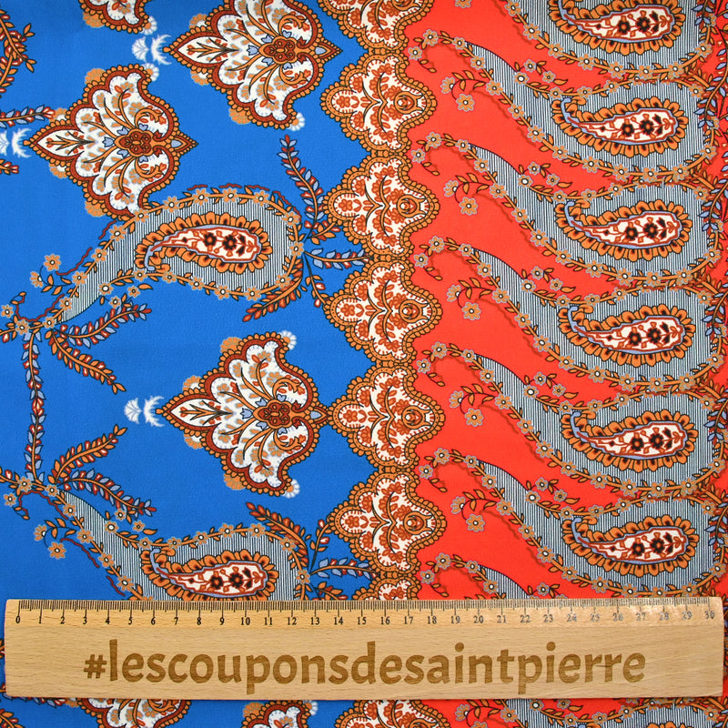 Crêpe satin polyester imprimé Florencia bleu et corail