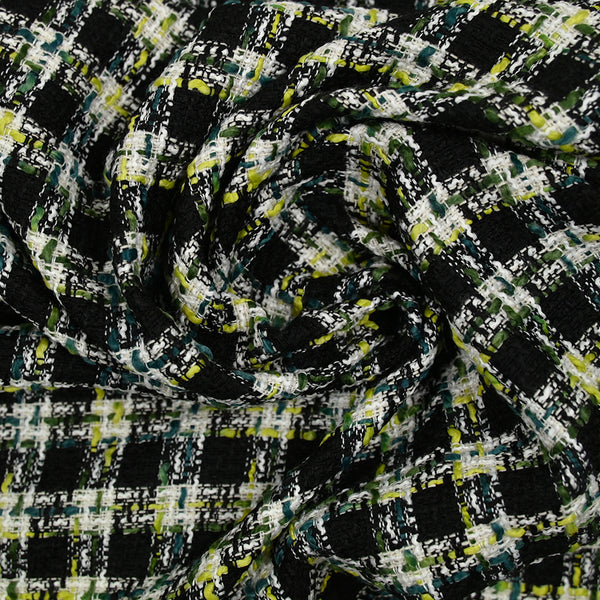 Tweed polycoton à carreaux noir, vert, jaune et bleu canard