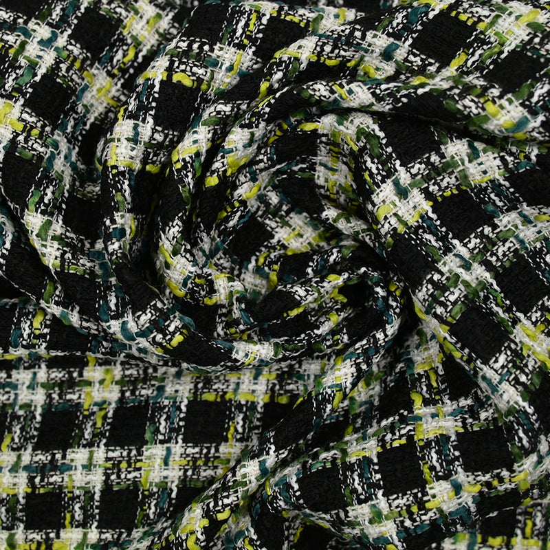 Tweed polycoton à carreaux noir, vert, jaune et bleu canard