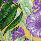 Light printed viscose purple flowers and yellow background foliage