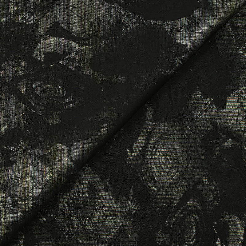 Toile tissée teinte fleurs noires et lignes multicolores brillantes