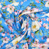 Satin imprimé et pois polyester fleurs rose fond bleu
