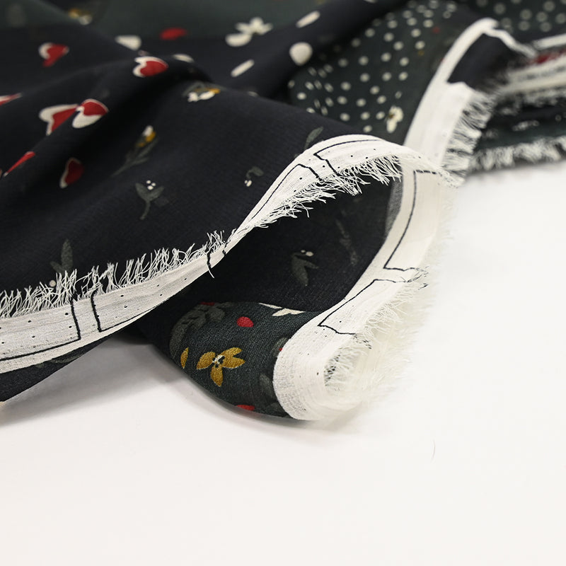 Printed muslin Patch flowers and hearts black background
