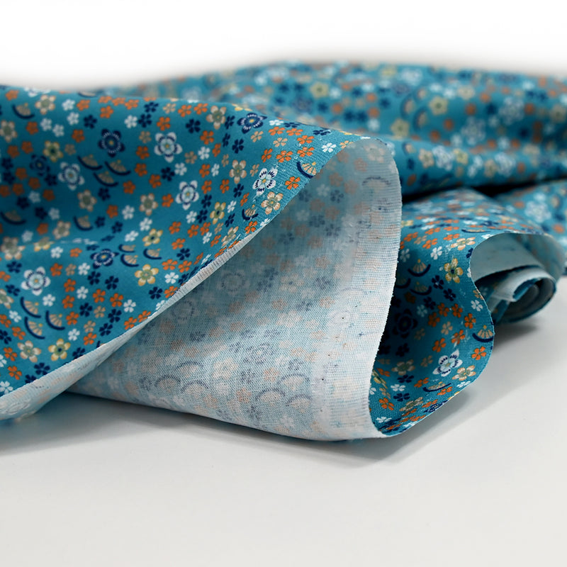 Printed cotton poplin Prairie Fleurie Bleu background