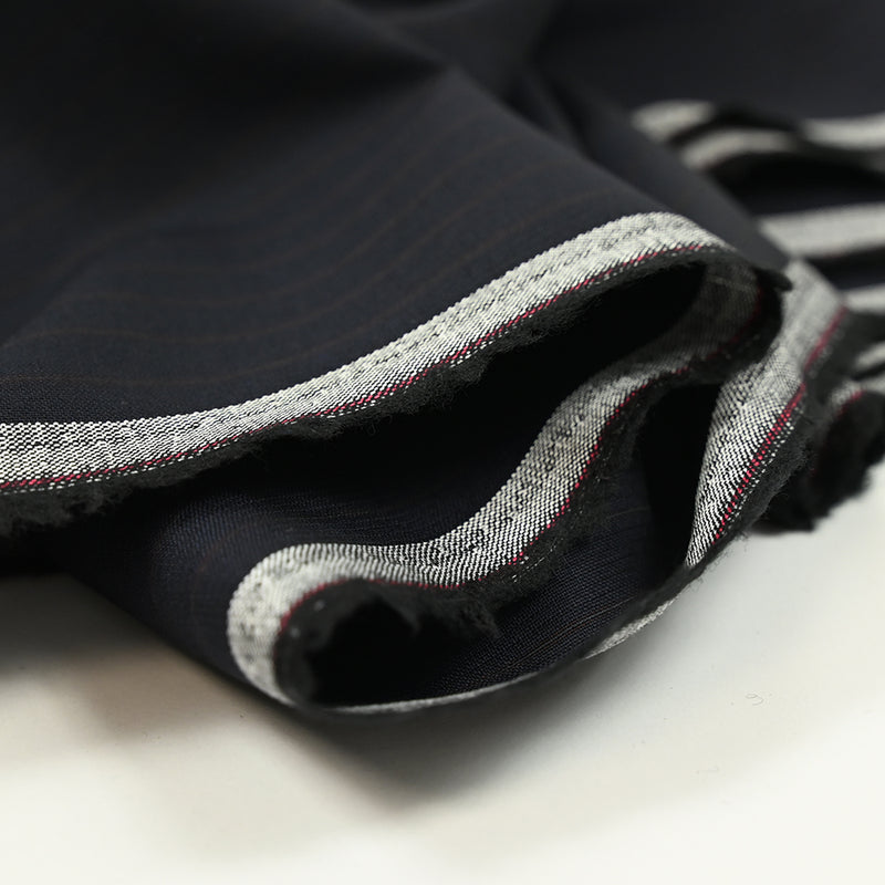 Tissu tailleur 100 % laine bleu marine à fines rayures rouges