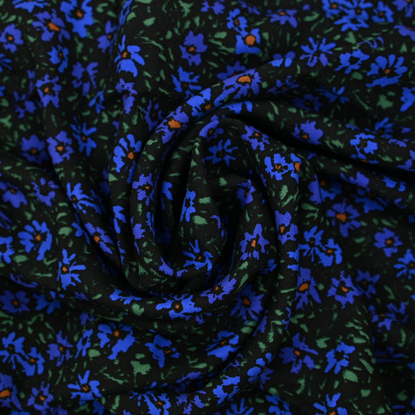 Twill de viscose imprimé champêtre bleu et vert sur fond noir