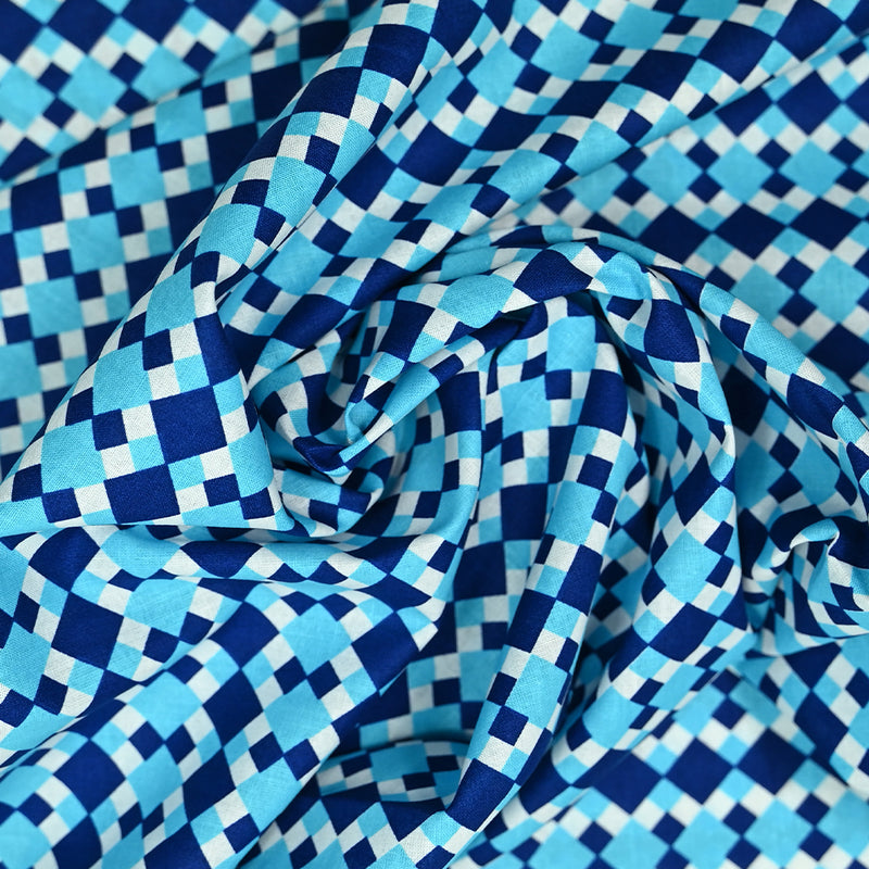 Coton imprimé losange ou carré bleu fond blanc