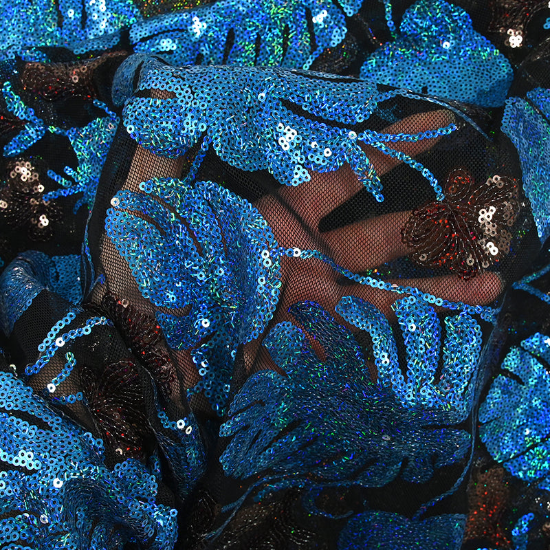 Tulle sequin fleurs et monstera bleu et marron