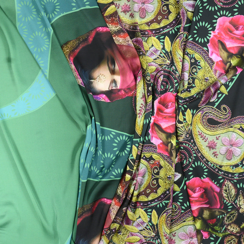 Satin imprimé polyester femme fond vert
