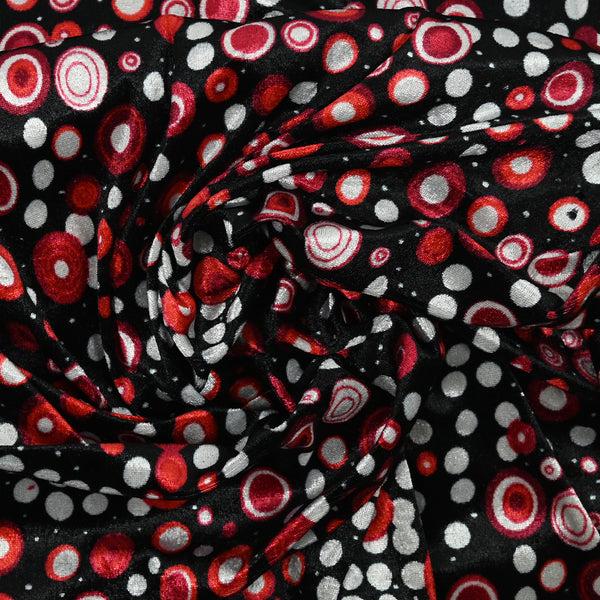 Velours maille polyester cercles rouge fond noir