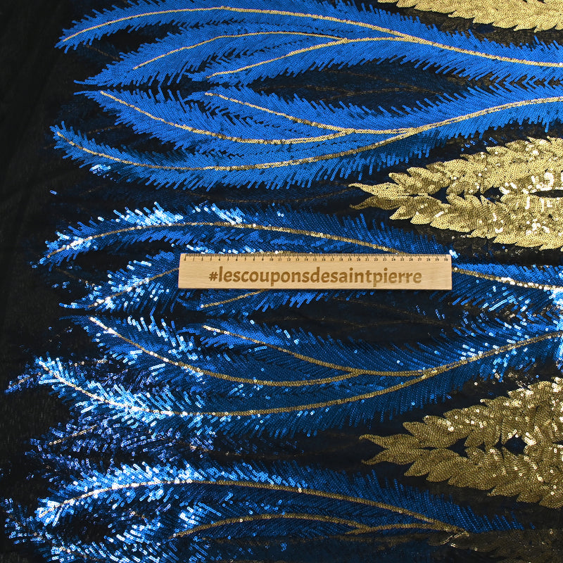 Tulle Sequin Royal feathers gold and blue