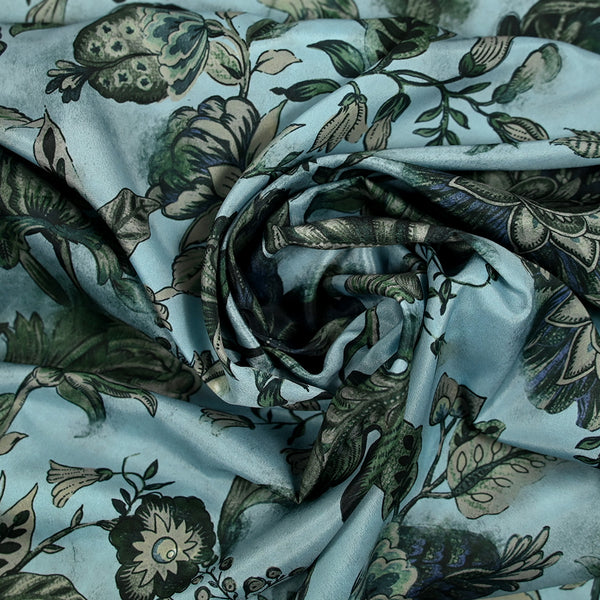 Crêpe georgette satin imprimé floral bleu et vert