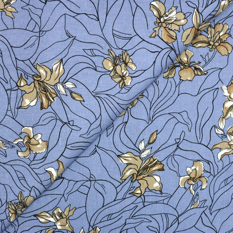 Lin viscose imprimé ligne de vie fond bleu délavé
