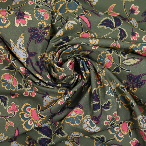 Coton satiné imprimé floral rétro fond vert
