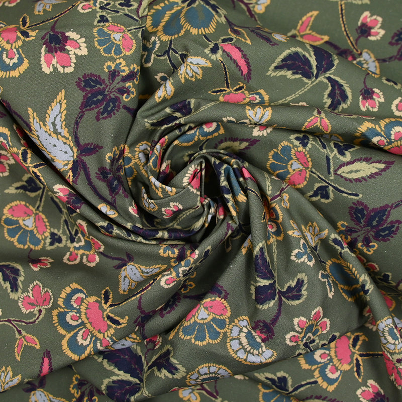 Coton satiné imprimé floral rétro fond vert