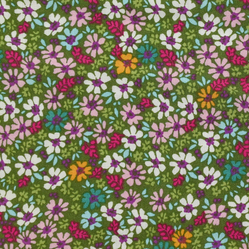 Printed viscose multicolored flowers green background