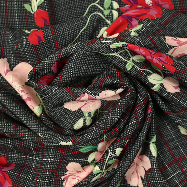 Viscose imprimée fleurs et carreaux fond violet clair
